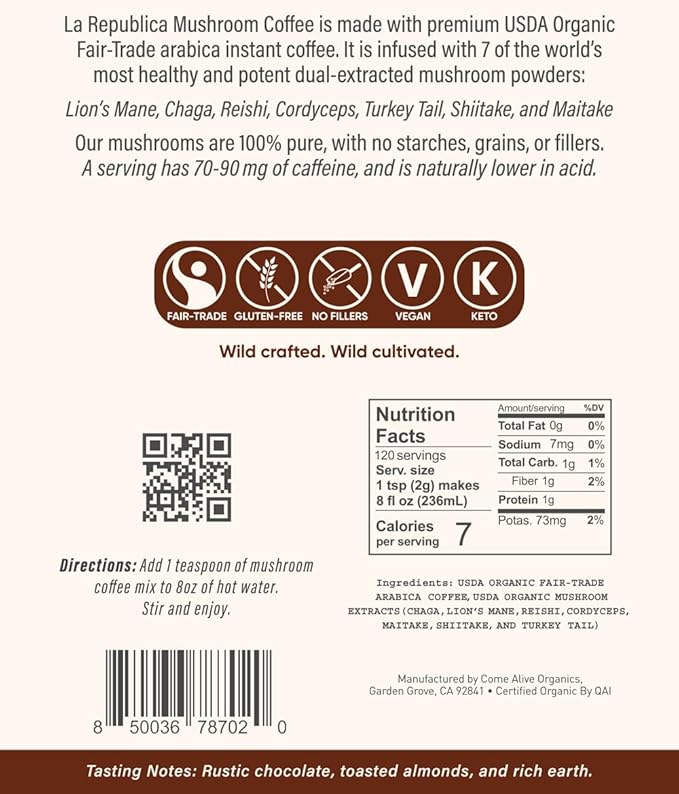 La Republica Big Shot Decaf Instant Mushroom Coffee Organic (120 Servings) with Lion's Mane, Reishi, Chaga, Cordyceps, Maitake, Turkey Tail - Bloomnest