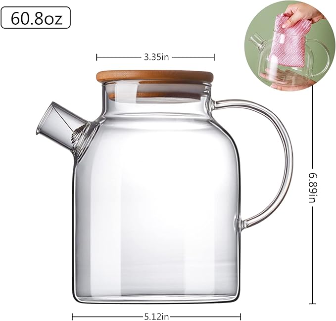 60.8oz Glass Teapot, Stovetop & Microwave Safe Glass Borosilicate Tea Pot,Clear Teapot with Strainer, Glass Tea Kettle with Wooden Lid, Loose Leaf、Fruit Tea and Fragrant Tea - Bloomnest