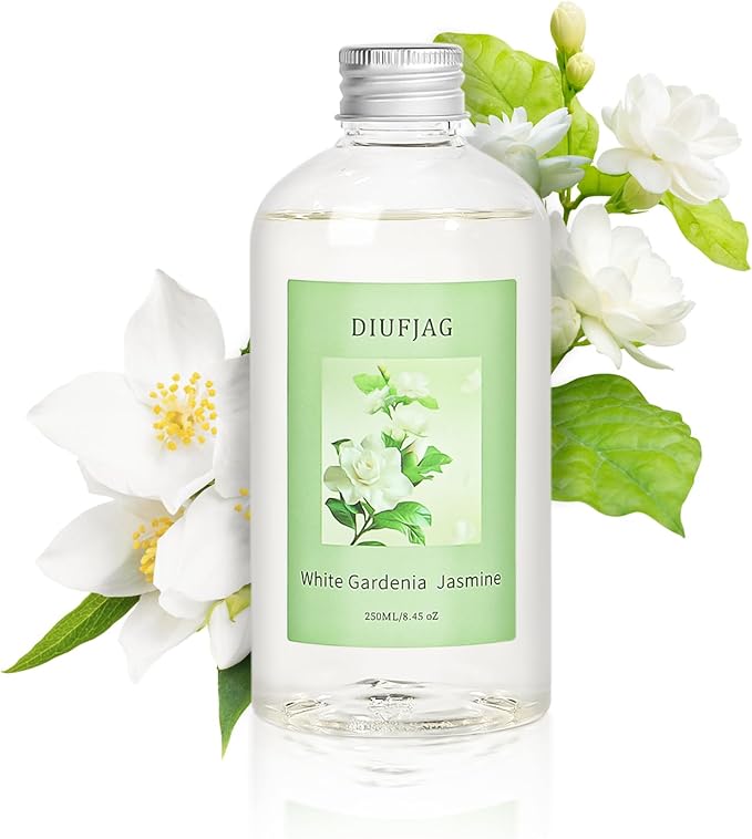 White Gardenia Jasmine Diffuser with 20 Black Fiber Sticks, 6.7 oz Diffusers for Home Essentials Bathroom,Last up to 60 Days - Bloomnest