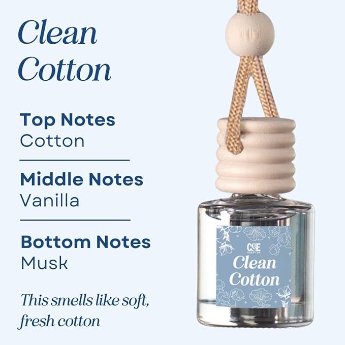 C&E Craft Co Hanging Car Air Freshener Diffuser 2 Pack, Long Lasting Fragrance Oil Car Freshener, Glass Bottle Auto Air Freshener, Made in USA (Clean Cotton) - Bloomnest