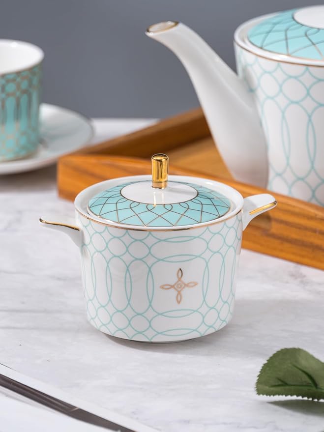 Jusalpha Fine China Blue Coffee Cup/Teacup Set, 8 OZ Cups& Saucer Service for 4, with Teapot-Sugar Bowl-Cream Pitcher Teaspoons and tea strainer for Tea/Coffee, 17-Pieces (Blue) - Bloomnest