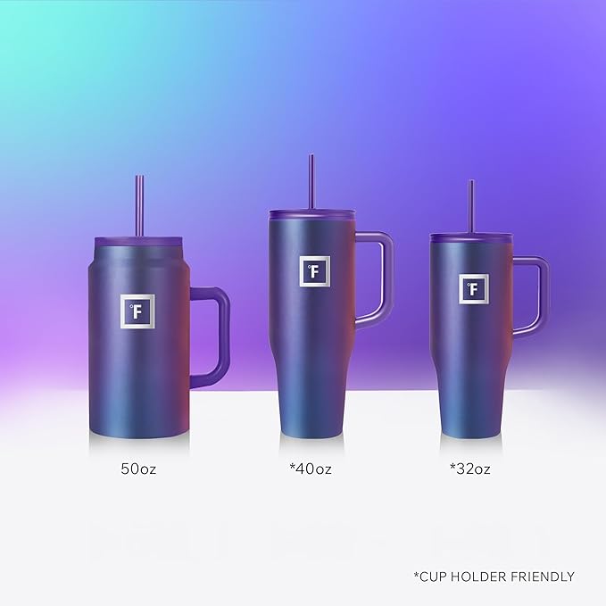IRON °FLASK Co-Pilot Insulated Mug w/Straw & Flip Cap Lids - Cup Holder Bottle for Hot, Cold Drink - Leak-Proof - Water, Coffee Portable Travel Mug - Lavender, 50 Oz - Bloomnest