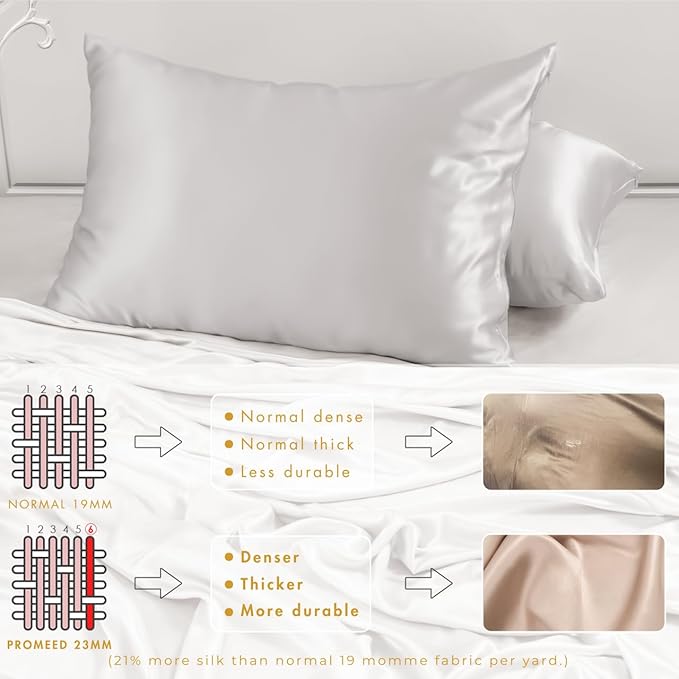 PROMEED 23 Momme Silk Pillowcase 2 Pack with Zipper, 3rd Gen Grade 6A+ 100% Mulberry Silk Pillow Case Set of 2, Cooling Pillow Cases for Hot Sleepers (King 20"x36", Light Grey) - Bloomnest
