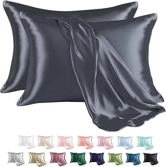 MR&HM Satin Pillowcase for Hair and Skin, Silk Satin Pillowcase 2 Pack, Standard Size Pillow Cases Set of 2, Silky Pillow Cover with Envelope Closure (20x26, Space Grey) - Bloomnest