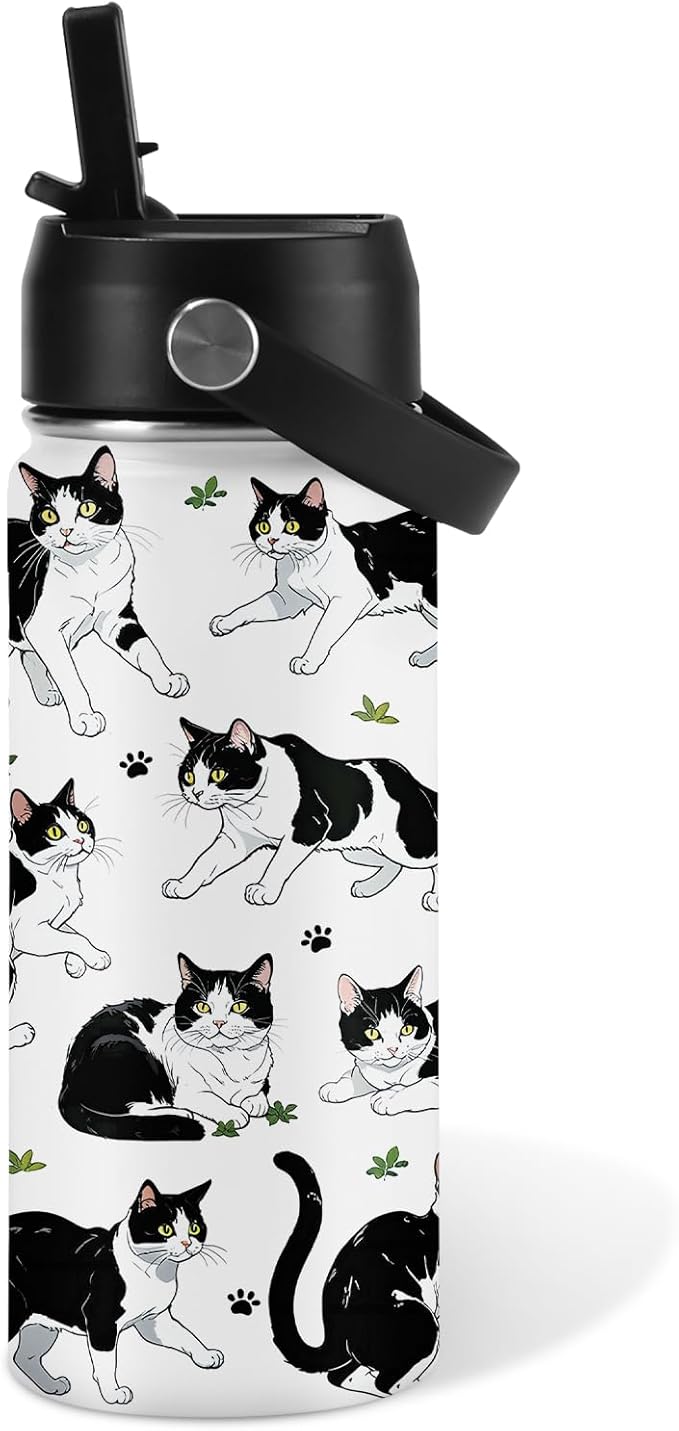 Cat Gifts for Kids - 16oz Cute Cow Cat Water Bottle with Straw Lid, Stainless Steel Insulated Tumbler, Leak Proof, BPA-Free, for Boys, Girls, School - Cow Cats Lovers Children Birthday Gifts Cups(1pc) - Bloomnest