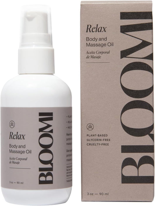 Bloomi Relax Body & Massage Oil, 3oz - Calming Lavender Oil for Relaxation, Stress Relief, Skin Hydration & Moisturizing Therapy, Ideal for Self Care (1)