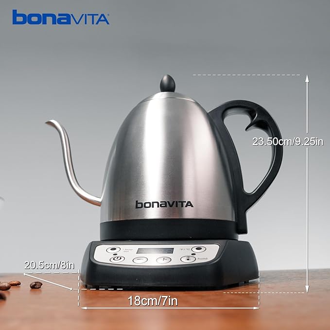Bonavita 1L Digital Variable Temperature Gooseneck Electric Kettle for Coffee Brew and Tea Precise Pour Control, 6 Preset Temps, Café or Home Use, 1200 Watt, LED Panel, Stainless Steel - Bloomnest