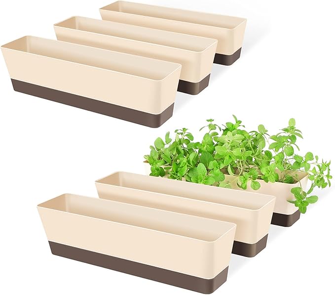 GREANER Indoor Windowsill Planter Boxes, 6 Pack 16 x3.8 Inch Rectangle Succulent Cactus Window Box with Tray, Modern Plastic Plant Pots for Porch, Patio, Garden Balcony, Home Office Outdoor Decoration - Bloomnest