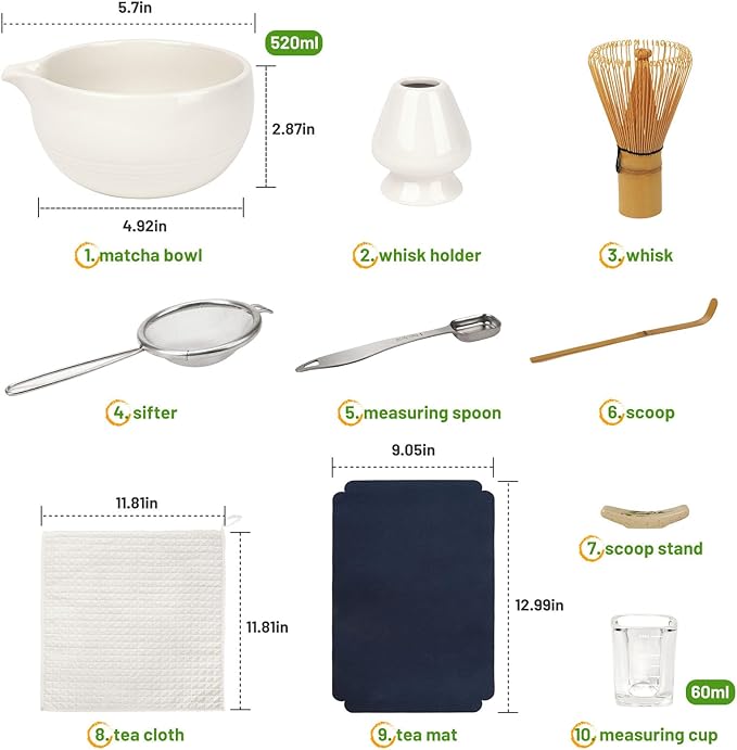 Matcha Whisk Set, Matcha Kit 10-Pcs, Bamboo Whisk and Bowl with Spout & Measuring Spoon & Glass, Japanese Tea Making Tools, White - Bloomnest