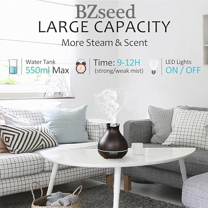 BZseed Aromatherapy Essential Oil Diffuser, 550ml Ultrasonic Fragrant Oil Large Room Humidifier, Diffusers for Home with Timer and Waterless Auto-Off, 7 Color LED Lights,Cool Mist Humidifiers - Bloomnest