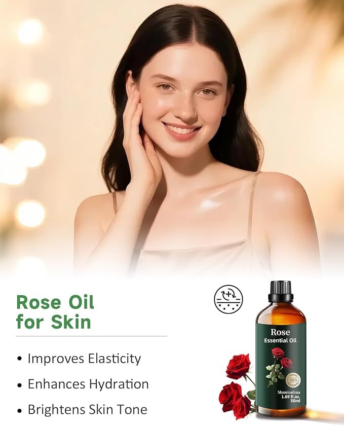 Pure Rose Essential Oil, Mumianhua Natural Rose Oil for Reed Diffuser, Air Freshener, Aromatherapy, Relaxation, Skin,Hair, Cologne, Candles Making, Evening Wellness, Romantic Atmosphere 1.69 Fl Oz - Bloomnest