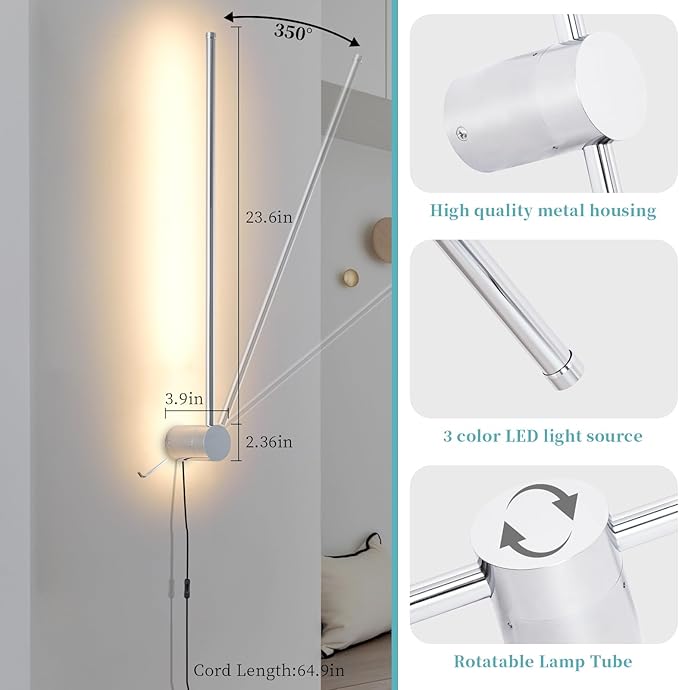 Modern LED Plug in Wall Sconces Set of Two,Chrome Dimmable 23.6" Wall Lighting,Bathroom Vanity Light Fixtures,Metal Wall Lamps with Memory Function for bathrooms,bedrooms,Living Rooms,Hallway - Bloomnest