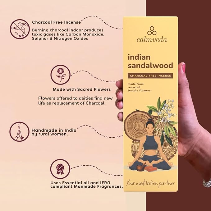 Indian Sandalwood Incense Sticks - 80 Sticks, Charcoal Free, Upcycled Flowers, All Natural, Non Toxic, Meditation & Stress Relief