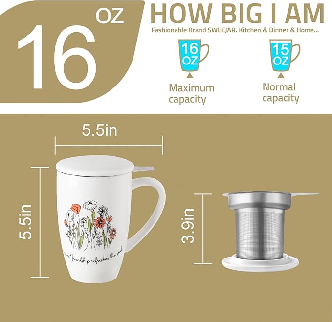 Sweejar Porcelain Tea Infuser Mug with Lid, 16 oz Teacup with Strainers for Loose Leaf Tea, Microwave and Dishwasher Safe Coffee Mug(Onyx Wing) - Bloomnest