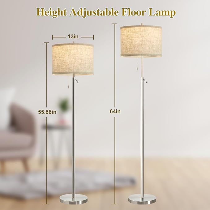 GyroVu Silver Floor Lamp, Height Adjustable Standing Lamp Tall Lamp with Fabric Lampshade&Pull Chain Corner Floor Lamps for Living Room, Bedroom & Office Bulbs Not Included(Silver) - Bloomnest