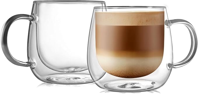 CNGLASS 16oz Double Walled Glass Coffee Mugs(2-pack),Large Clear Coffee Cups with Handle,Glass Espresso Mugs for Latte,Cappuccino,Tea - Bloomnest