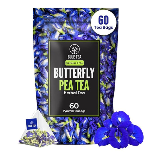 BLUE TEA - Butterfly Pea Flower Tea - 60 Count - Pyramid Plant Based Tea Bag | ANTIOXIDANT RICH | Caffeine Free - Flower Based - Herbal Tea - Chemical Free - Non Bitter | Zipper Pack - Bloomnest