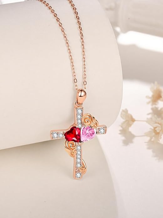 Rose Gold Dual Birthstones Cross Necklace for Women Rose Flower Jewelry Anniversary Christmas Mother's Valentine's Day Birthday Gift for Wife Girlfriend Mom - Bloomnest