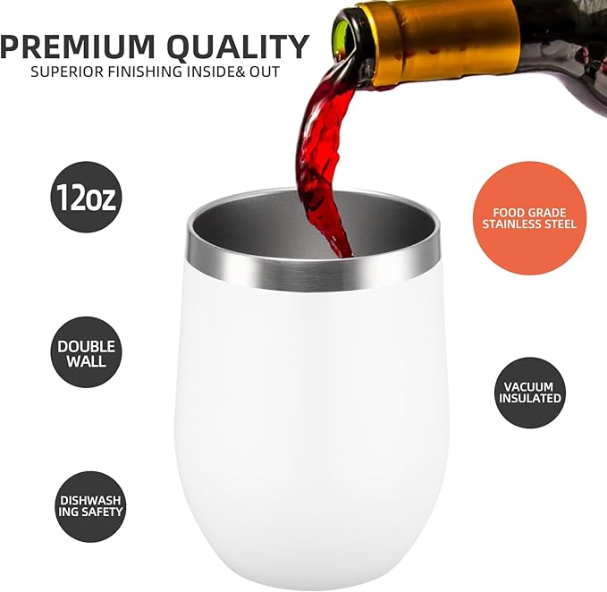 12 oz Insulated Wine Tumbler with Lid and Straw,Stainless Steel Stemless Wine Tumbler Glasses Double Wall Vacuum Wine Cups Tumbler Bulk for Coffee,Cocktail,Office (White,4) - Bloomnest