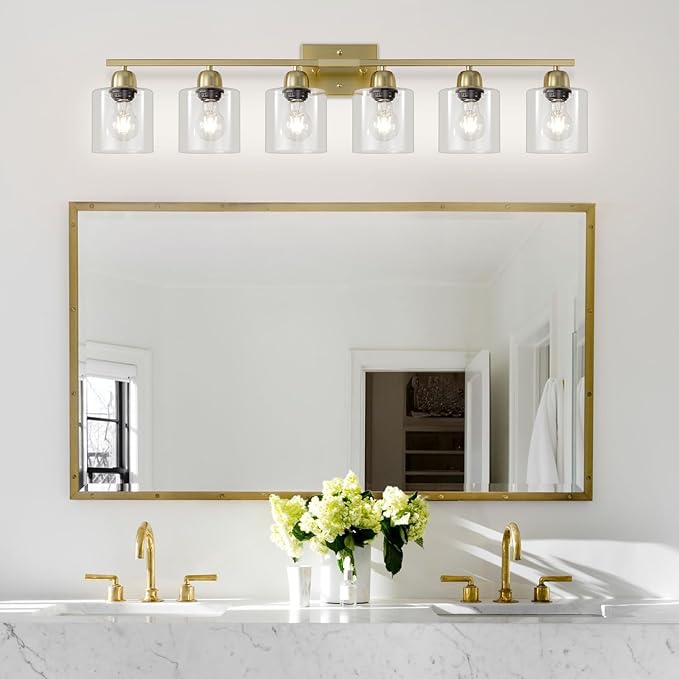 Modern Brushed Gold 6 Light Bathroom Light Fixtures,38 inch Vanity Lights for Bathroom with Clear Glass, Vanity Light for Mirror Kitchen Living Room Hallway Cabinet Porch - Bloomnest