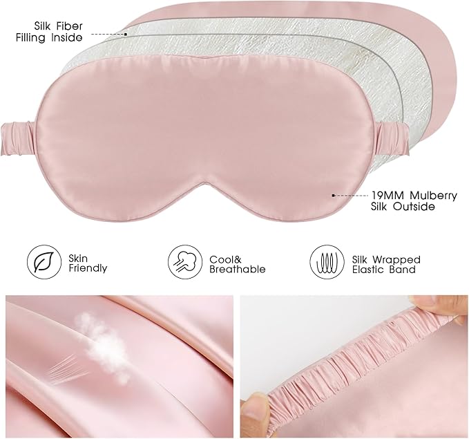 Silk Eye Mask for Sleep for Women/Men/Adults Blackout 100% Mulberry Silk Sleeping Mask for Travel/Plane/Side Sleeper with Elastic Strap,Pink - Bloomnest