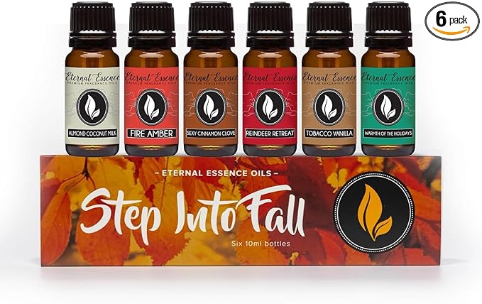 Eternal Essence Oils Step Into Fall Set of 6 Premium Fragrance Oils - Almond Coconut Milk, Fire Amber, Sexy Cinnamon Clove, Reindeer Retreat, Tabacco Vanilla, and Warmths of The Holidays - 10ML - Bloomnest
