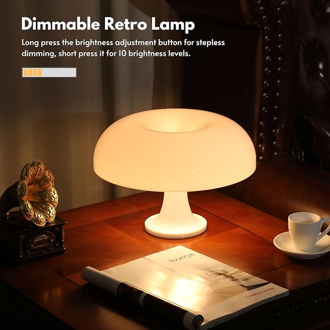 White Mushroom Lamp, Dimmable Mushroom Table Lamp with 3 Lighting Modes, 70s Retro Lamp Mid Century Modern Light Mushroom Shaped Donut Lamp for Bedroom, Cool Home Decor Aesthetic Light - Bloomnest