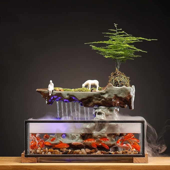 Desktop Fountain Waterfall w/Fish Tank&Rockery,17" L*8" W*8" H Ornaments Aquariums Rockery for Office Table or Home Decorate - Bloomnest