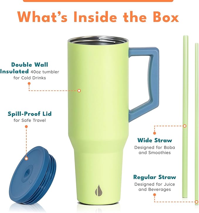 Elemental 40 oz Tumbler with Handle and Straw - Spill Proof Insulated Stainless Steel Commuter for Hot and Cold Beverages - Travel Coffee Mug with 2 Straws & Spill Proof Lid - 40oz - Sage Mist - Bloomnest