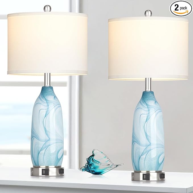 26" Coastal Glass Table Lamps Set of 2, Touch Control Bedside Lamp with USB A+C Ports and AC Outlet, Blue Lamp with Night Light for Nightstand Living Room Bedroom, 2 LED Bulbs Included - Bloomnest
