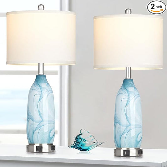 26" Coastal Glass Table Lamps Set of 2, Touch Control Bedside Lamp with USB A+C Ports and AC Outlet, Blue Lamp with Night Light for Nightstand Living Room Bedroom, 2 LED Bulbs Included - Bloomnest