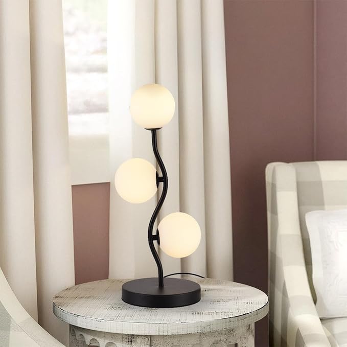 3-Light Curve Black Globe Table Lamp Mid Century Flower Beside Desk Table Light with Milk White Glass Shade Metal Base Nightstand Lamp for Bedroom Bedside - Bloomnest