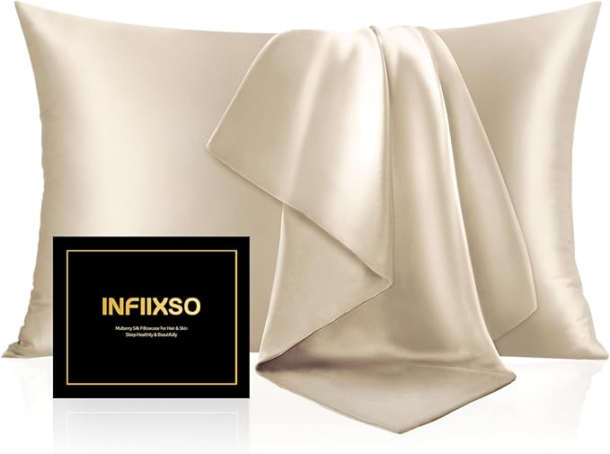 INFIIXSO Mulberry Silk Pillow Cases King Size Set of 2, Silk Pillowcase with Hidden Zipper 20"x36", Extraordinary Smooth and Soft Pillow Case for Hair and Skin(Beige, 2 Pack) - Bloomnest