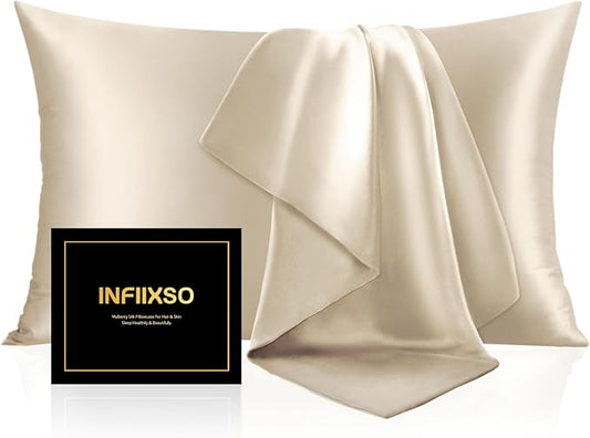 INFIIXSO Mulberry Silk Pillow Cases King Size Set of 2, Silk Pillowcase with Hidden Zipper 20"x36", Extraordinary Smooth and Soft Pillow Case for Hair and Skin(Beige, 2 Pack) - Bloomnest
