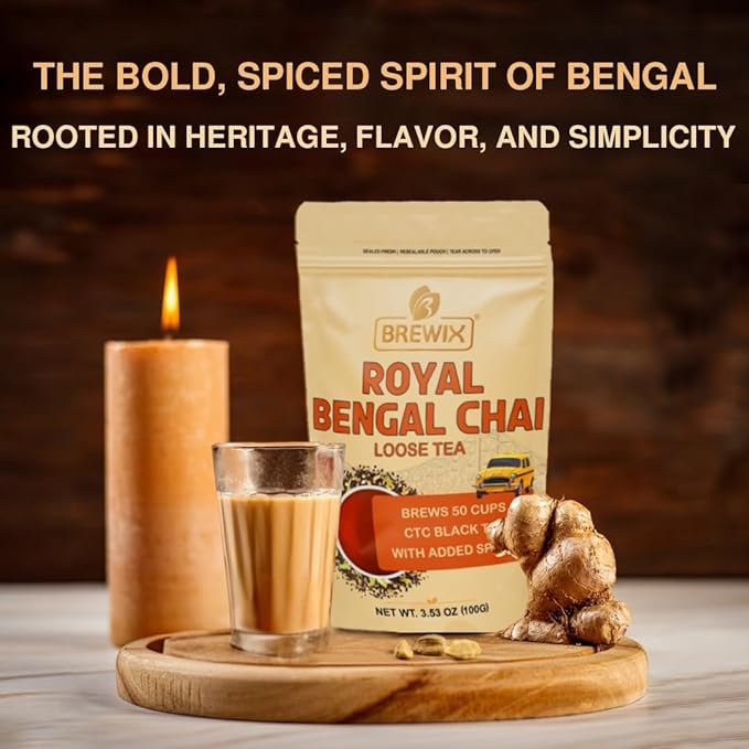 BREWIX, Royal Bengal Masala Chai Tea with Ginger and Cardamom | Loose Leaf CTC TEA (50+ Cups, 3.53oz/100g) Strong Robust & Aromatic, All Natural | Blended with Exotic Spices - Bloomnest