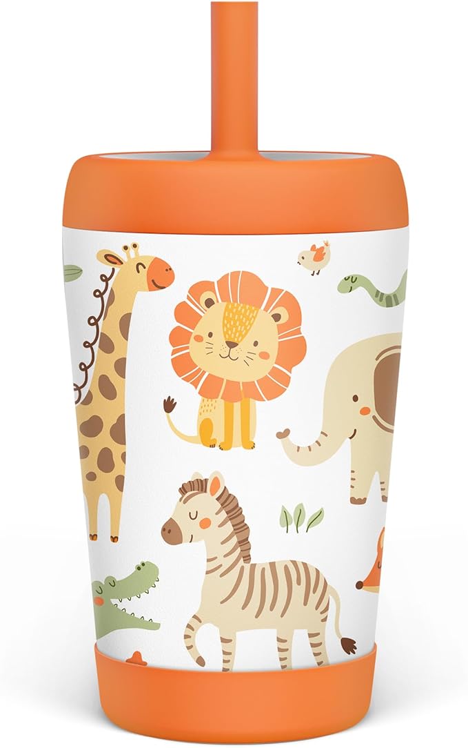 Kid Insulated Stainless Steel Tumbler with Silicone Straw, 12oz Sippy Cup for Kids (Jungle Animals) - Bloomnest