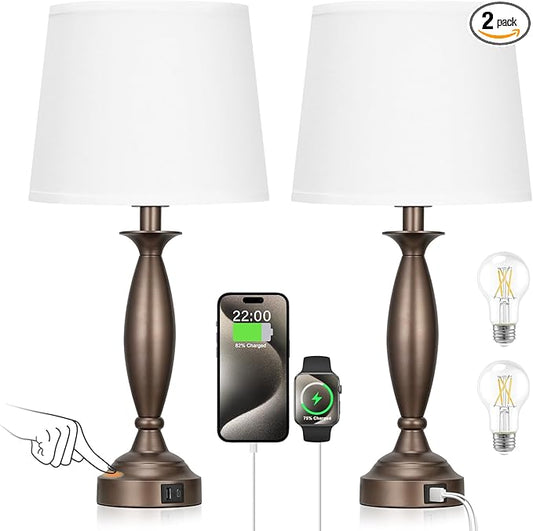 Seealle White Brown Lamps for Bedrooms Set of 2 - Touch Control Bedside Lamp with USB C+A, 3 Way Dimmable Nightstand Lamps with USB Port, Table Lamp for Living Room(White Shade and Brown Base) - Bloomnest