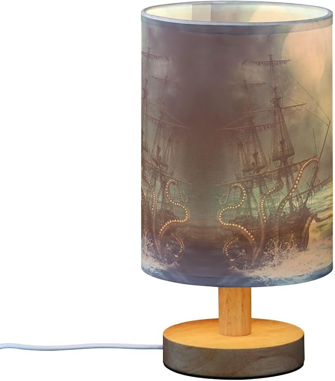 Table Lamp Octopus Pirate Ship Sea Monster Tentacle Sailboat Night Ocean Wave Nightstand Lamp with Wood Base Fabric Lamp Shade Bedside Desk Lamp for Living Room Bedroom Kids Room Office - Bloomnest
