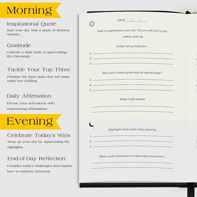 The Original Gratitude Journal with Inspiring Prompts & Quotes for Mindfulness, Reflection & Personal Growth - Daily Wellness Journal for Men & Women - Luxurious Linen Black Cover Bloomnest