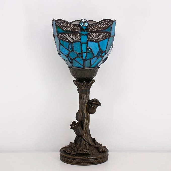 Small Tiffany Lamp Stained Glass Table Lamp Desk Uplight 6X6X13.5 Inch for Bedroom Bedside Office (Green Dragonfly) - Bloomnest