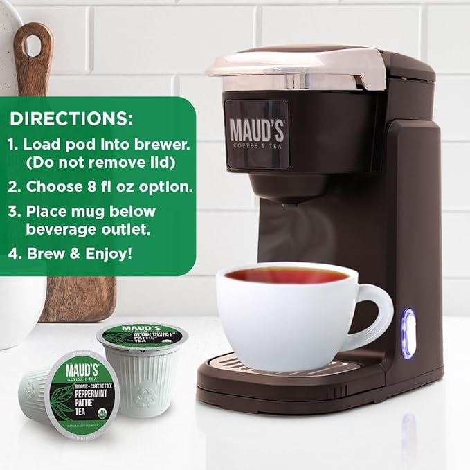 Maud's Organic Peppermint Tea Pods, 24 ct, Recyclable Single Serve Pods – 100% Gourmet Blended Tea Leaves, Compatible with Keurig K Cups Maker - Bloomnest