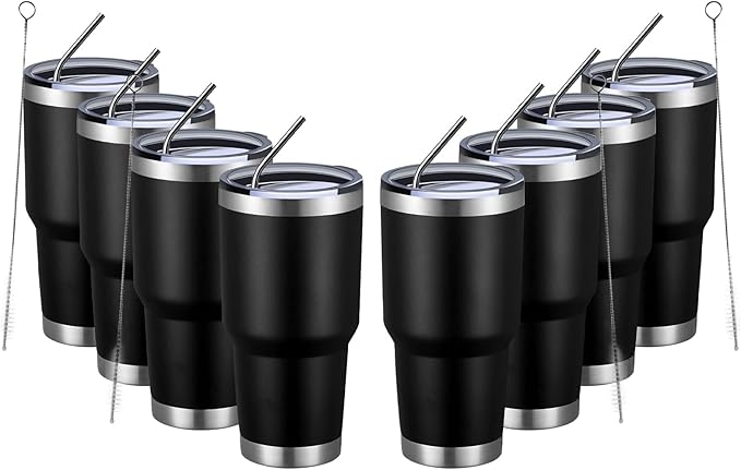 MEWAY 30oz Insulated Tumbler With Lids and Straws,Stainless Steel Double Vacuum Coffee Tumbler Cup, Brush, Durable Powder Coated Coffee Cup for Cold & Hot Drinks(Black,8 PACK) - Bloomnest