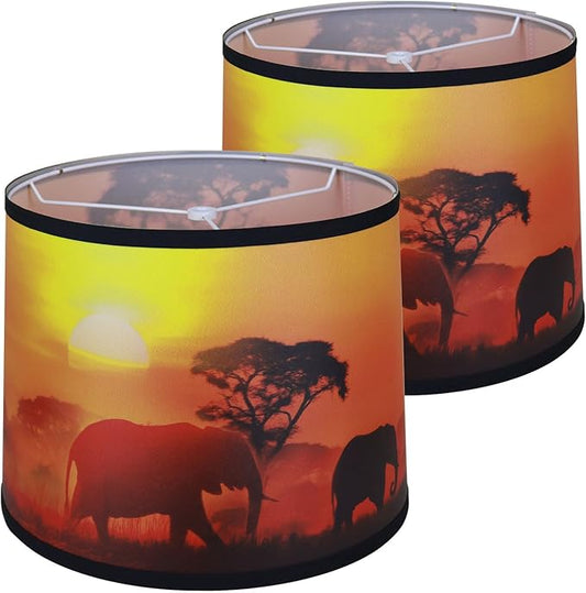Brown elephant Printed Large Drum Lamp Shades set of 2. Easy Assembly.11.4"x13"x10" Barrel Lamp Shade for Farmhouse village Decoration.Replacement lamp shades for table lamps floor Lamps(Sipder Model) - Bloomnest