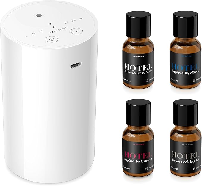 Airversa Waterless Essential Oil Diffuser Starter Kit with 4 x 10mL Hotel Scent Fragrance Oil, Battery Operated Mini Scent Air Machine Portable Diffuser for Home Car Office, AN8 Kit White - Bloomnest