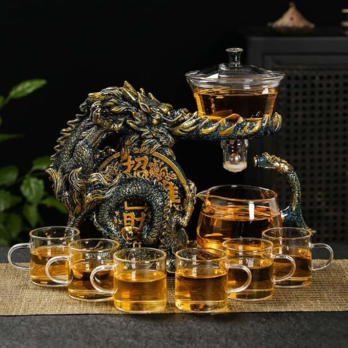 Glass Teapot Set with Infuser Semi Automatic Dragon Tea Set with 6 Small Cups (blue golden dragon-b) - Bloomnest