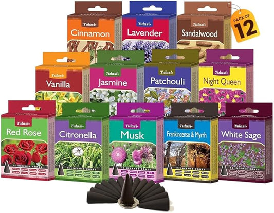 Tulasi Classic Incense Cones with Natural Oils Scents, Set of 12 Fragrances (180 Cones) Calming Home Aromatherapy, Meditation, Relaxing, Mixed Scents with Natural Oils Tulasi