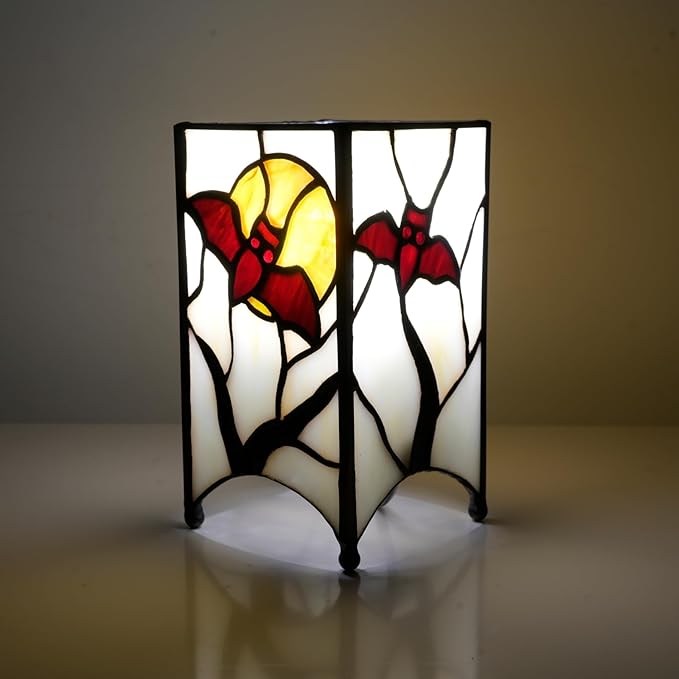 Tiffany Lamp Halloween Red Bat in Moon Small Bedside Lamp Antique Style Stained Glass Desk Light for Home Decor Boys Girls Christmas Halloween Gifts - Bloomnest