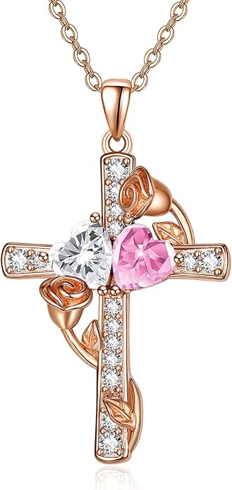 Rose Gold Dual Birthstones Cross Necklace for Women Rose Flower Jewelry Anniversary Christmas Mother's Valentine's Day Birthday Gift for Wife Girlfriend Mom - Bloomnest