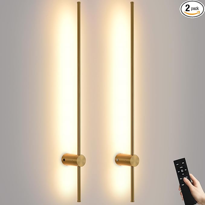 Battery Operated Wall Sconce USB Rechargeable Sconces, 39.3" Brushed Gold Wireless Wall lamp Set of 2, 3000K-6000K & Dimming with Remote Control, LED Wall Lights for Living Room, Bedroom - Bloomnest