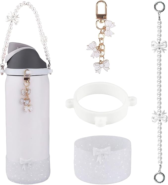 Water Bottle Accessories Set for Owala FreeSip 24oz、32 oz– Includes Pearl Handle Strap, Bow Charms,2.9in .3inch Silicone Bling Boot for Owala Accessories for Women Bloomnest